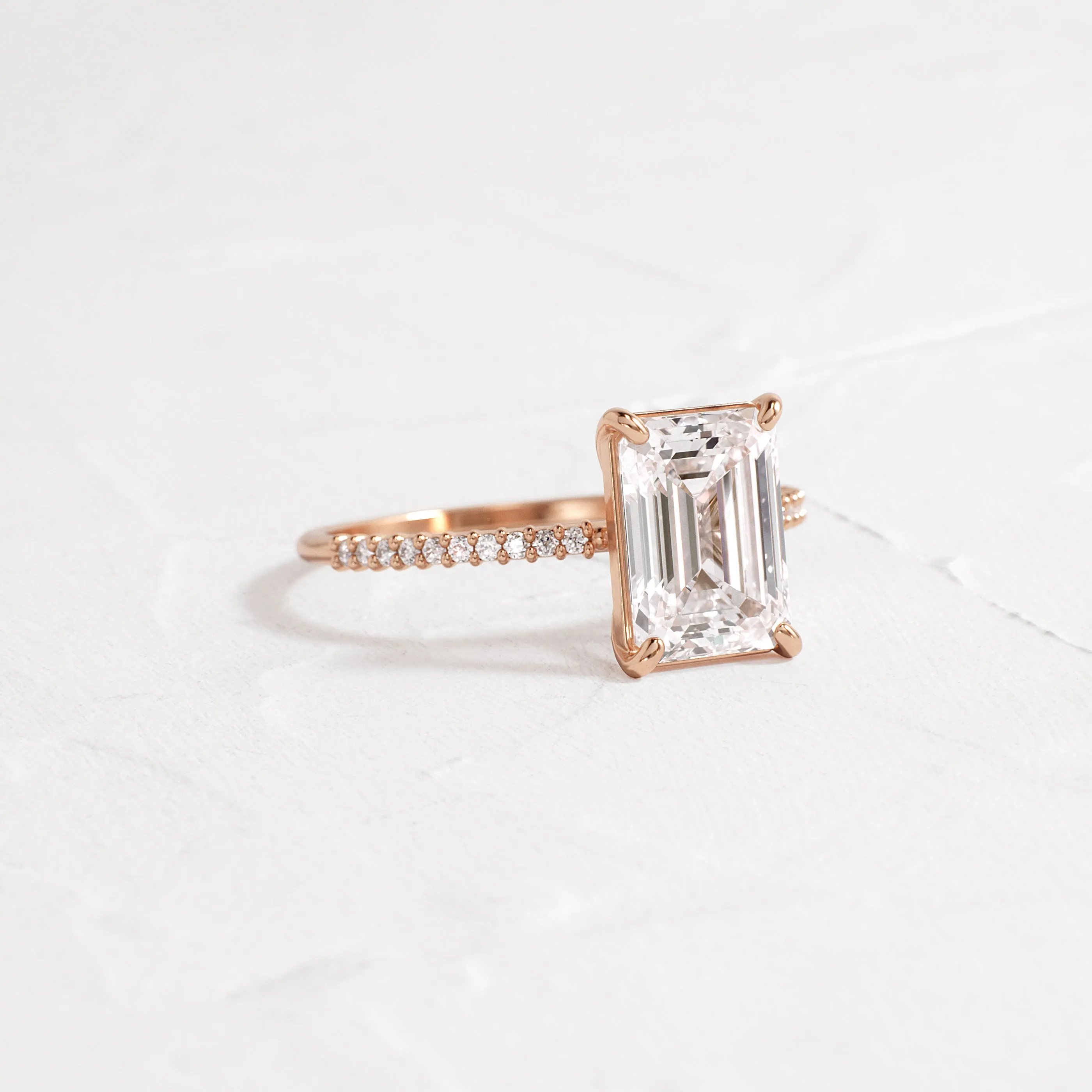 Whisper Ring with Pave Band, Emerald Cut