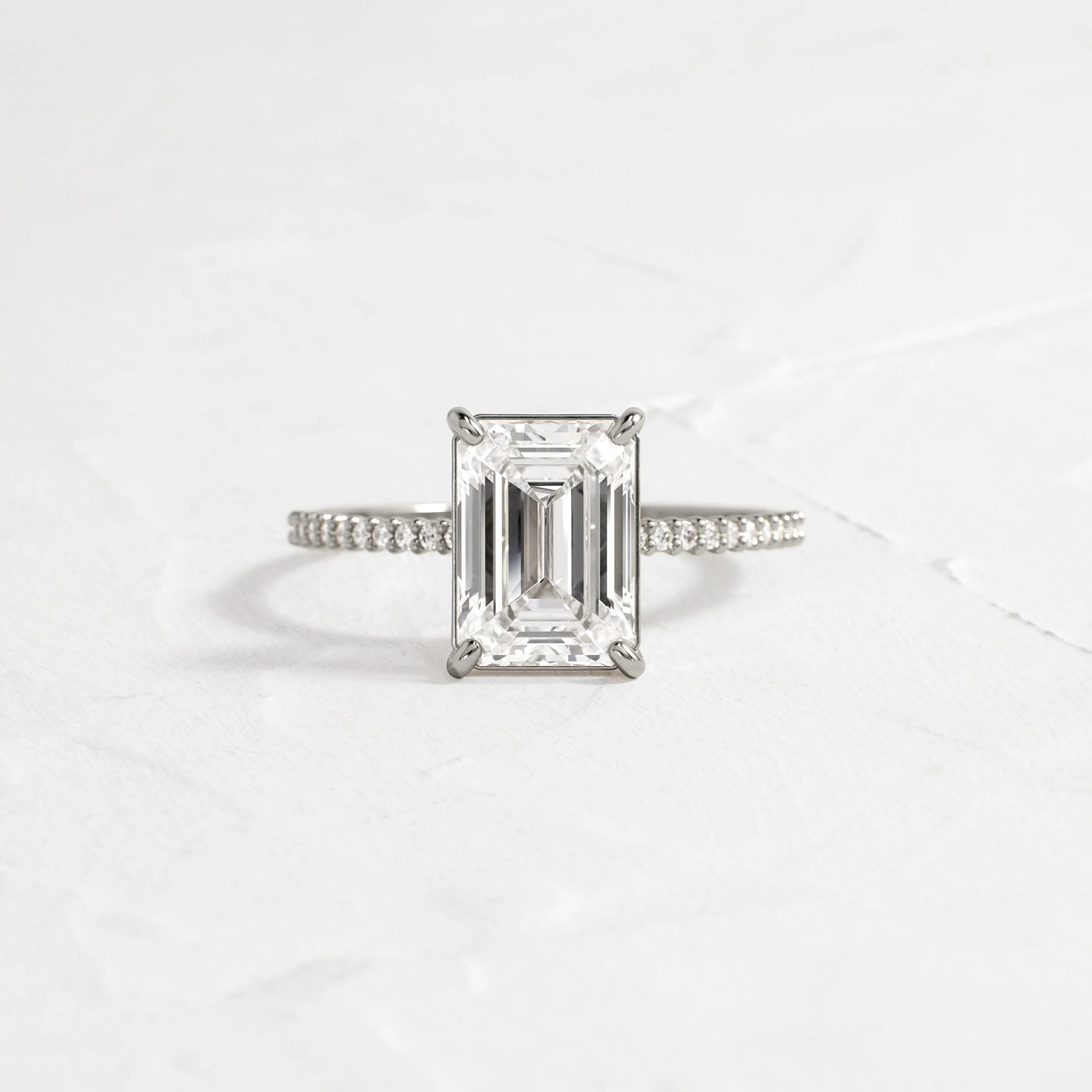 Whisper Ring with Pave Band, Emerald Cut