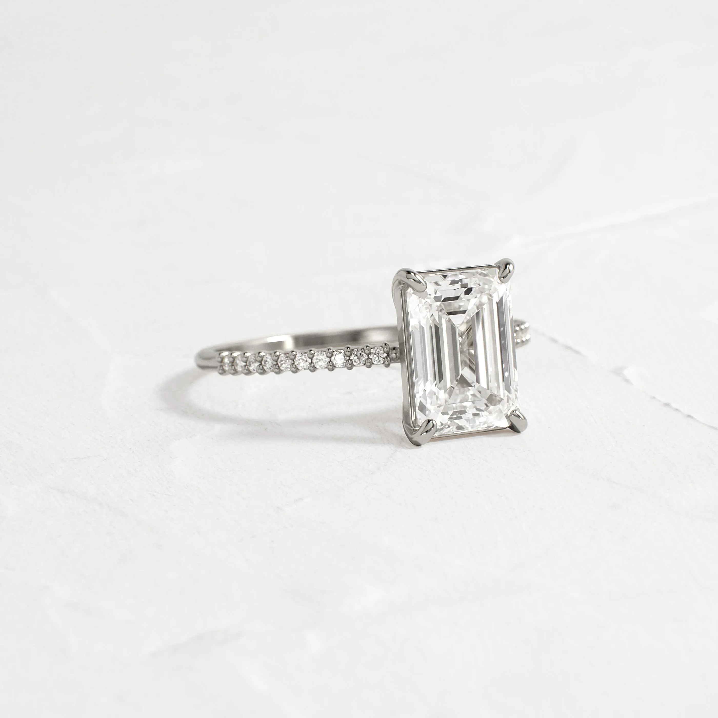 Whisper Ring with Pave Band, Emerald Cut