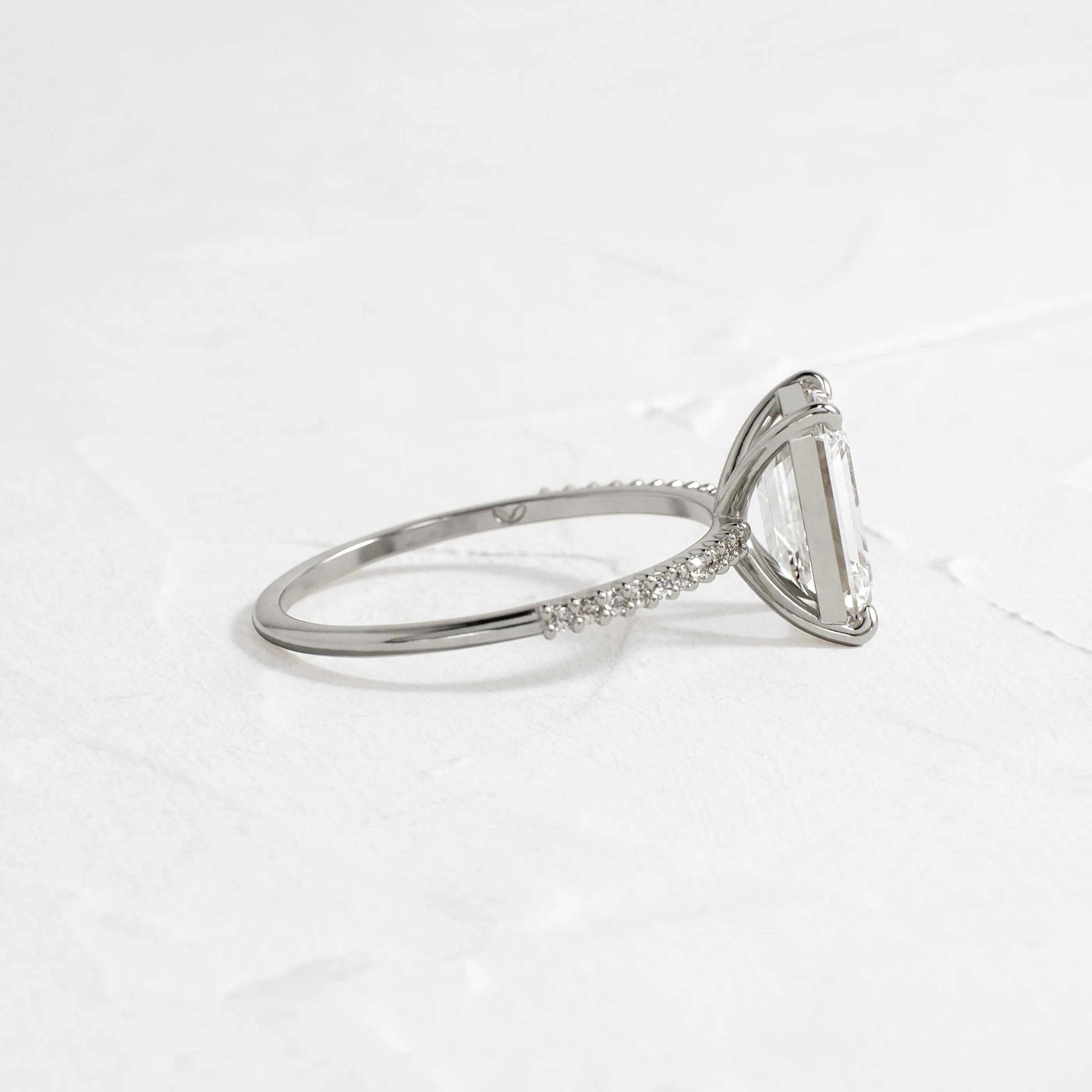 Whisper Ring with Pave Band, Emerald Cut