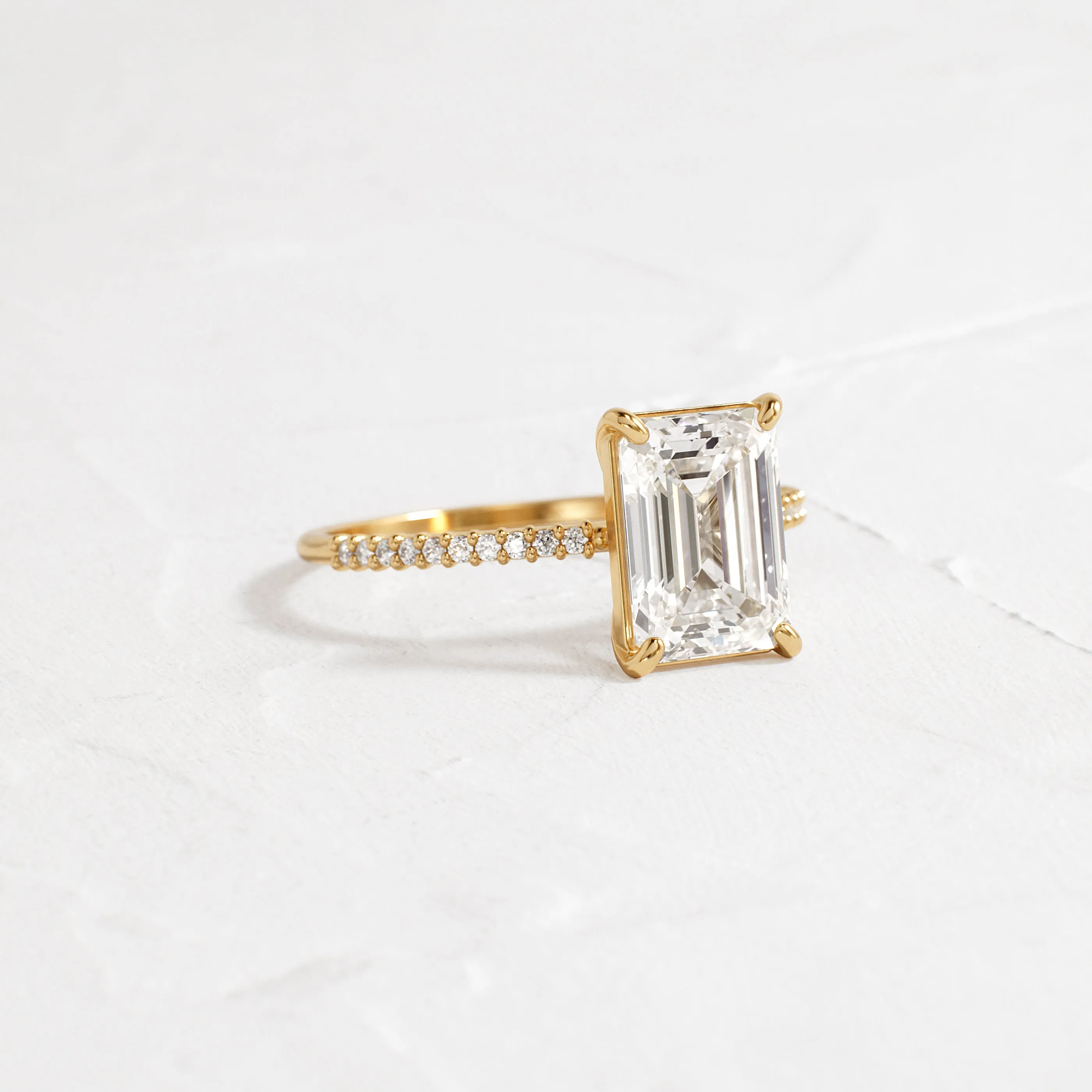 Whisper Ring with Pave Band, Emerald Cut