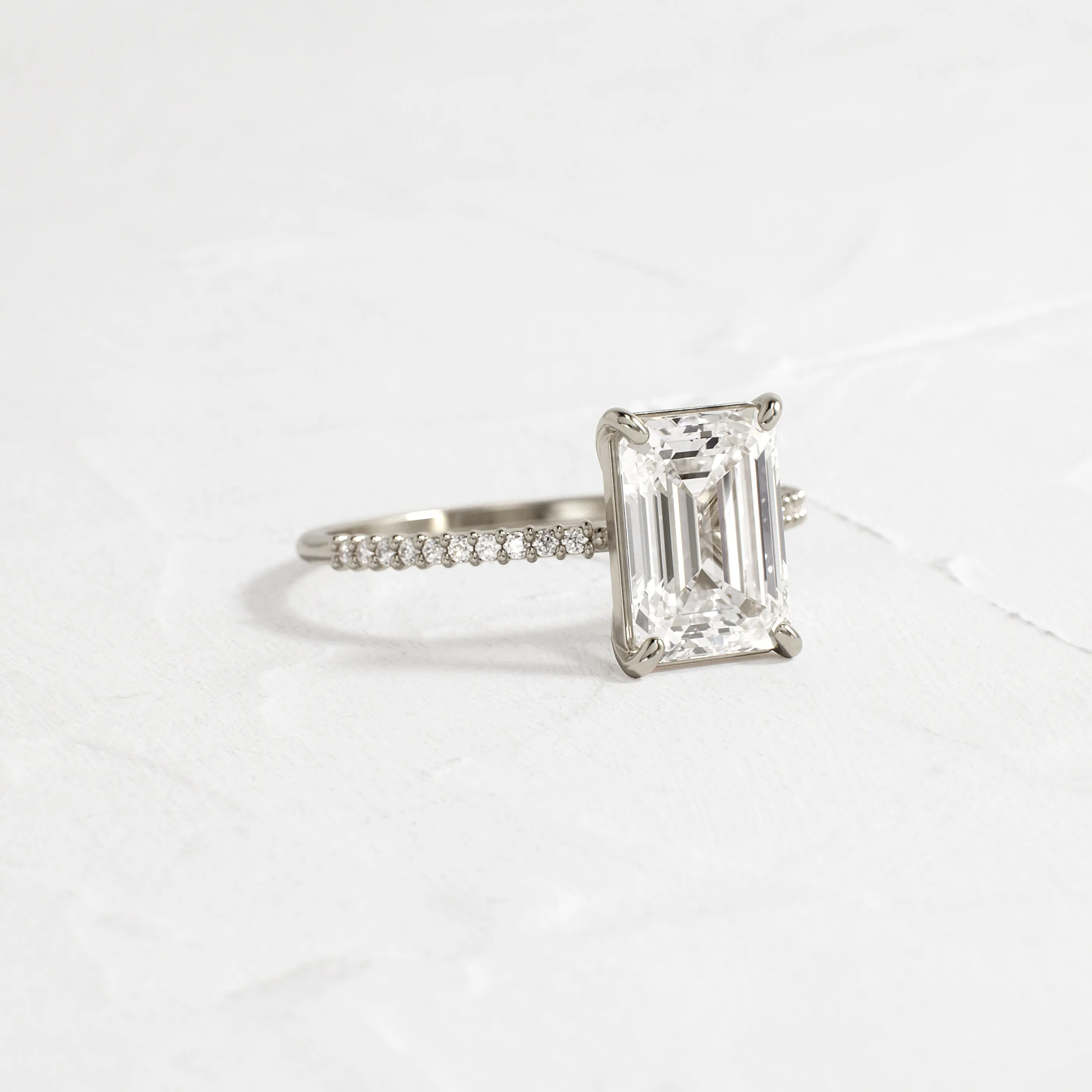 Whisper Ring with Pave Band, Emerald Cut