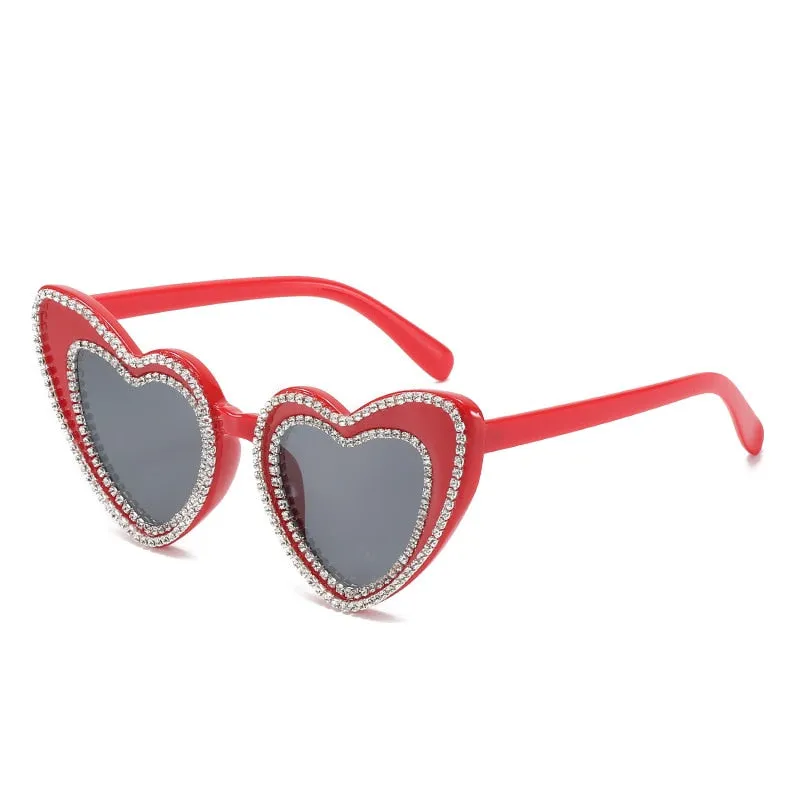 Women's Designer Heart Bling Crystal Diamond Luxury Eyewear Sunglasses