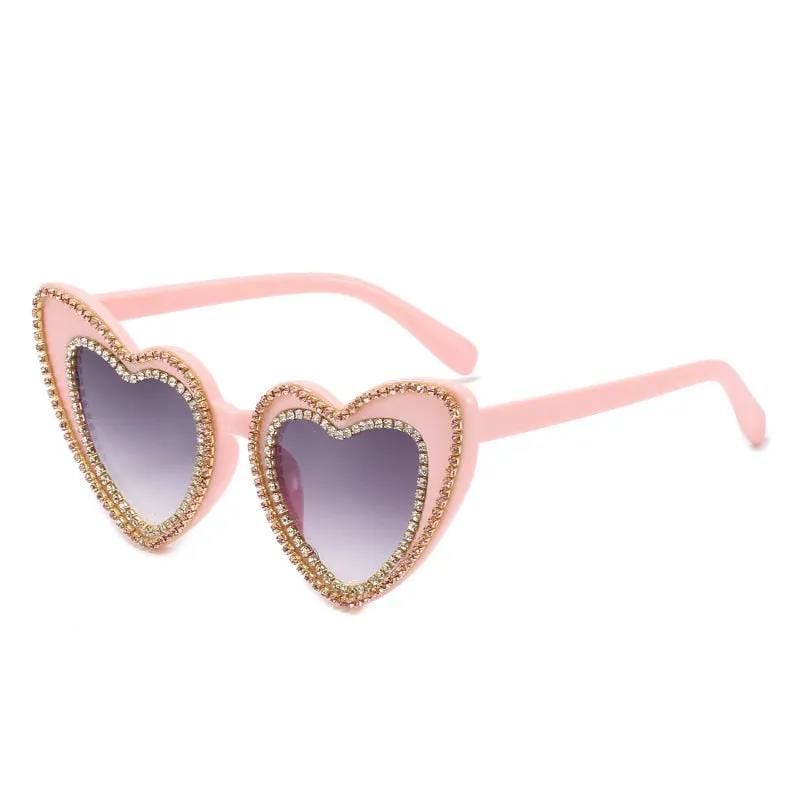 Women's Designer Heart Bling Crystal Diamond Luxury Eyewear Sunglasses