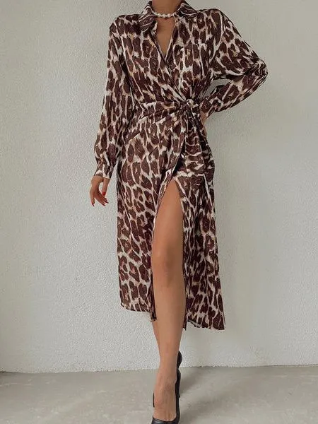 Women's Dresses Leopard Print Lapel Tie Long Sleeve Slit Dress