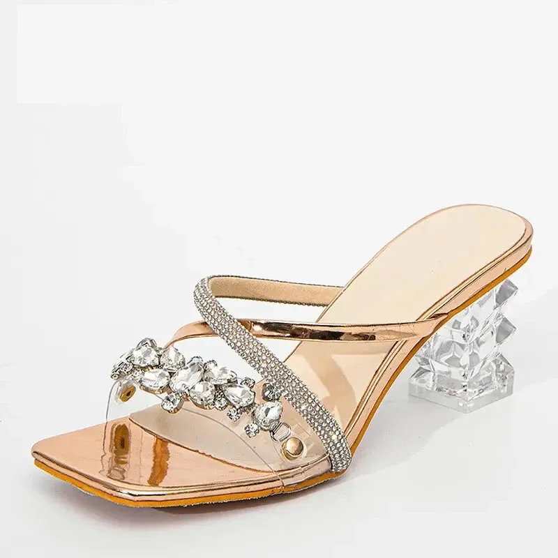 Women's Summer Square Toe Crystal Chain Transparent Hi-Heel Slides