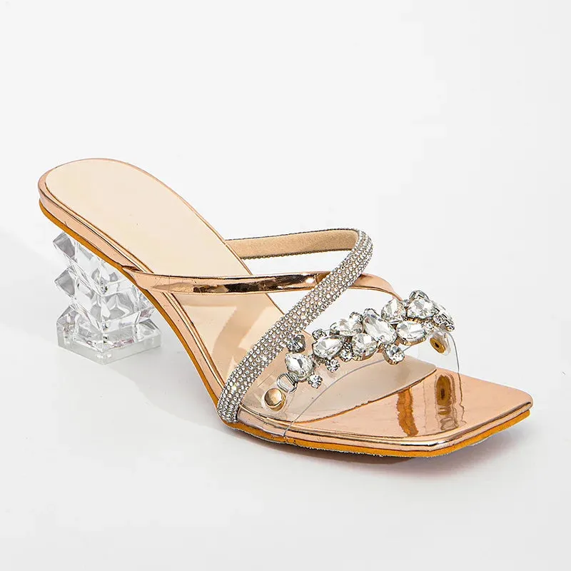 Women's Summer Square Toe Crystal Chain Transparent Hi-Heel Slides