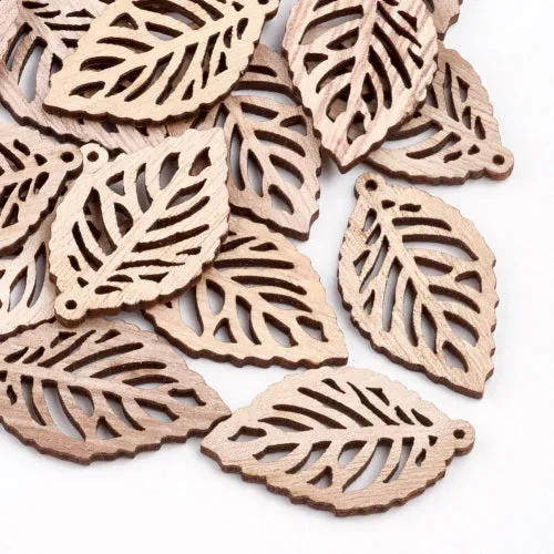 Wooden Pendants, Leaf, Natural, Raw, Laser-Cut, Double-Sided, 40mm