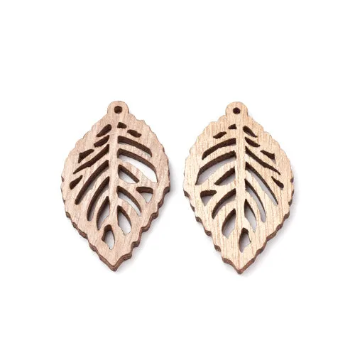 Wooden Pendants, Leaf, Natural, Raw, Laser-Cut, Double-Sided, 40mm