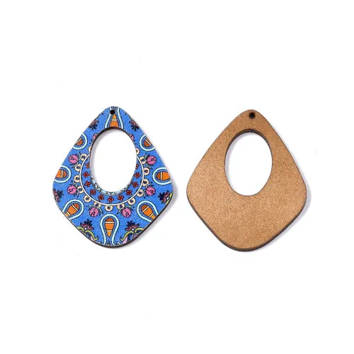 Wooden Pendants, Teardrop, Printed, Top Drilled, Single-Sided, Dodger Blue, 45mm