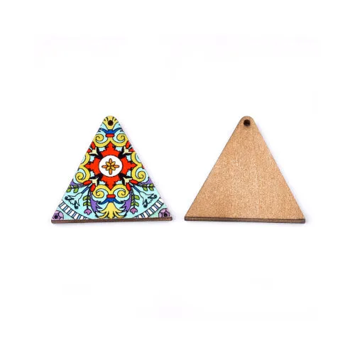 Wooden Pendants, Triangle, Printed, Top Drilled, Single-Sided, Blue, Multicolored, 32mm