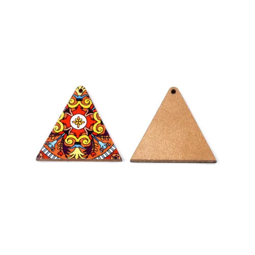 Wooden Pendants, Triangle, Printed, Top Drilled, Single-Sided, Orange, Multicolored, 32mm