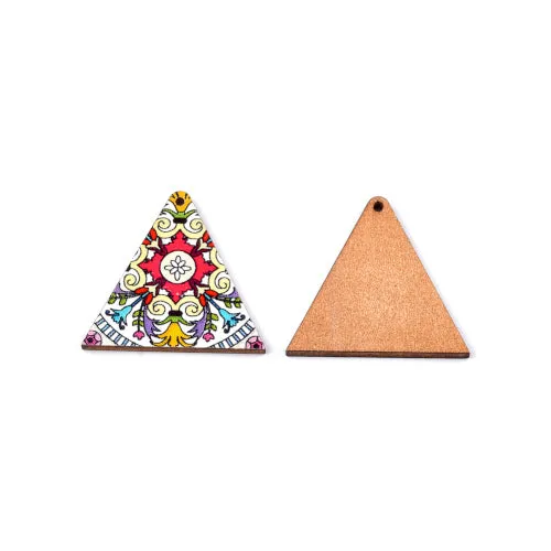 Wooden Pendants, Triangle, Printed, Top Drilled, Single-Sided, White, Multicolored, 32mm