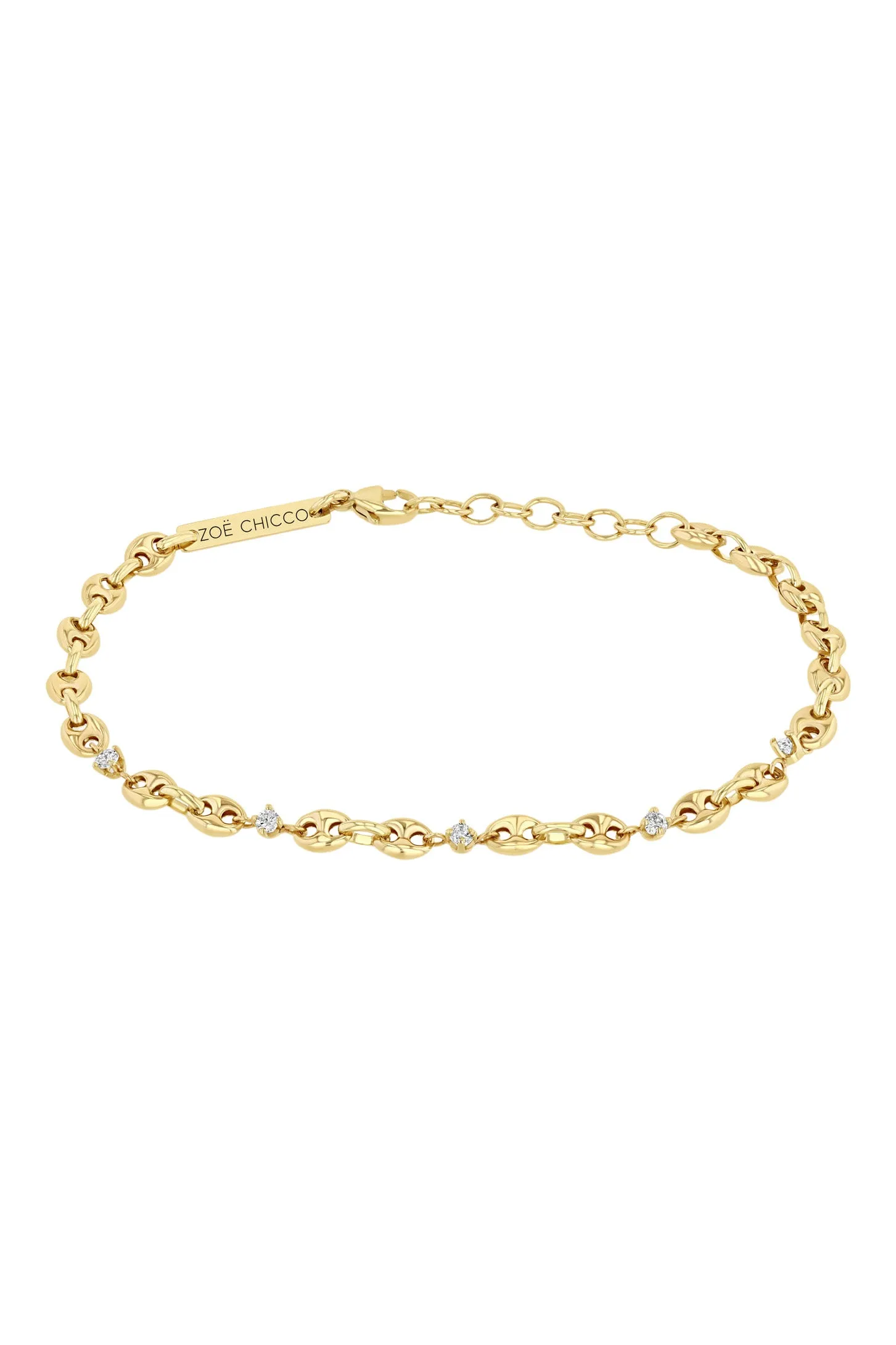 Zoe Chicco 5 Prong Diamond Small Puffed Mariner Chain Bracelet in 14k Yellow Gold